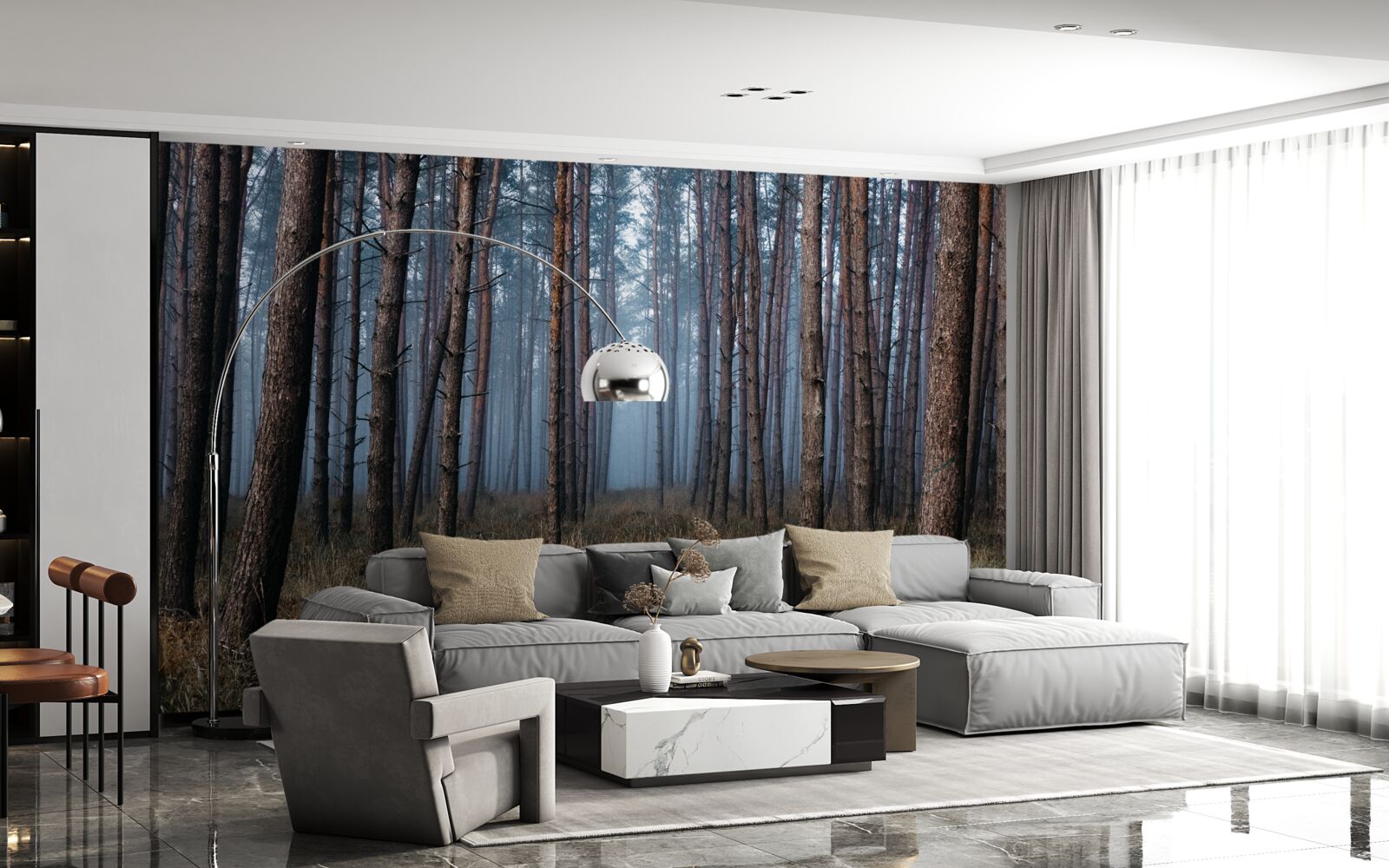 Papier peint forêt de pins sombres