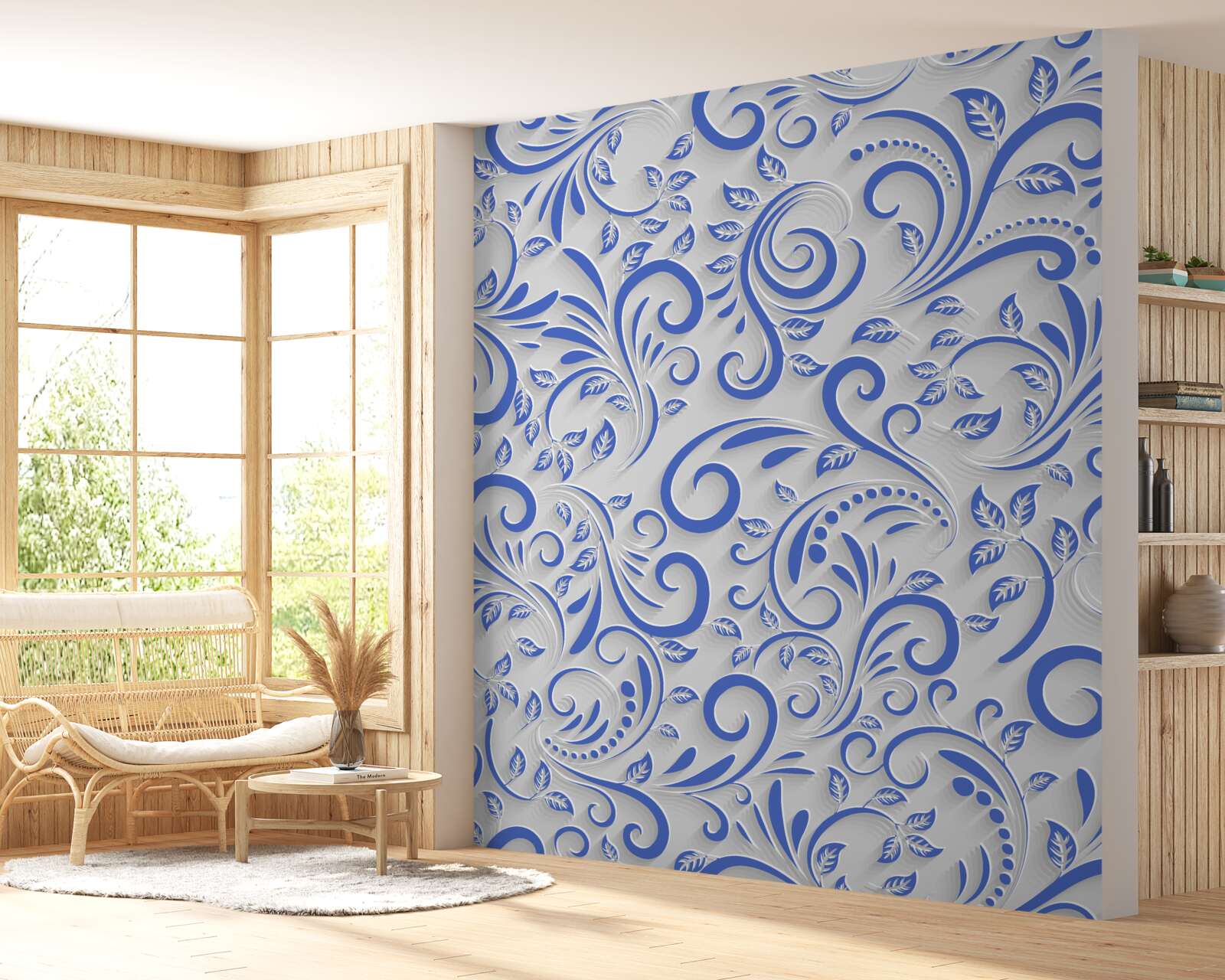 Papier peint fond blanc avec des tourbillons bleus