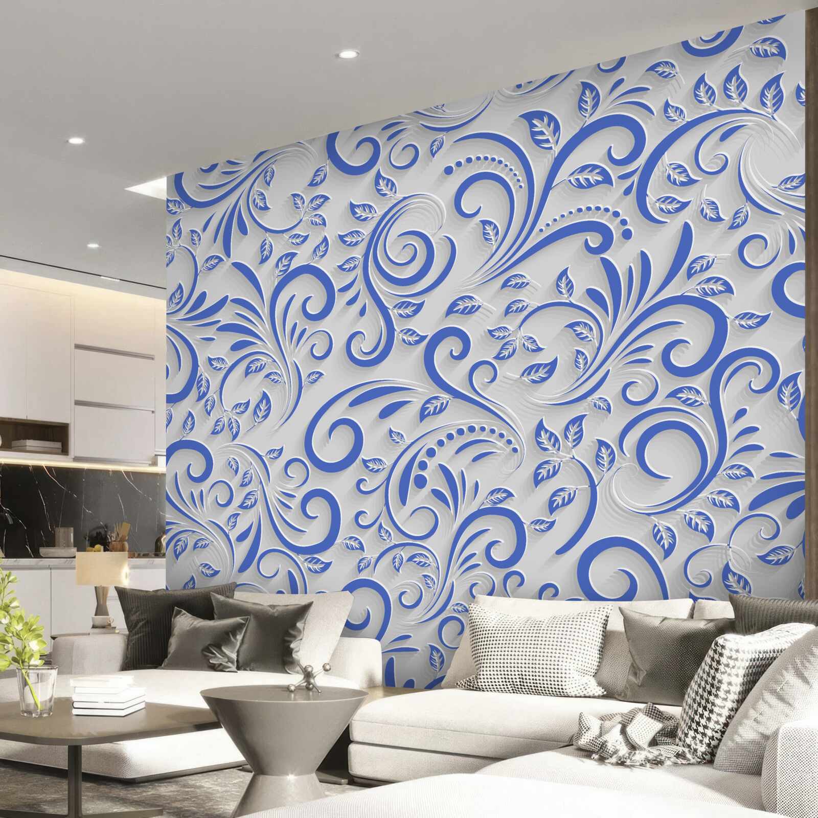 Papier peint fond blanc avec des tourbillons bleus