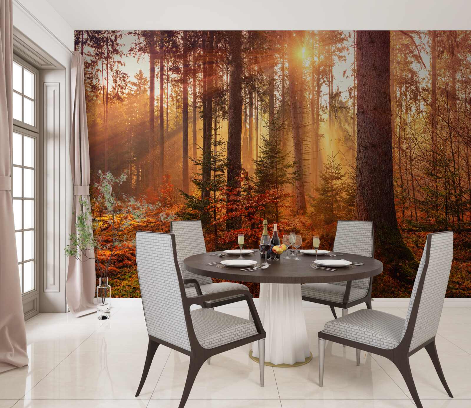 Papier peint forêt en automne illuminée par les rayons du soleil