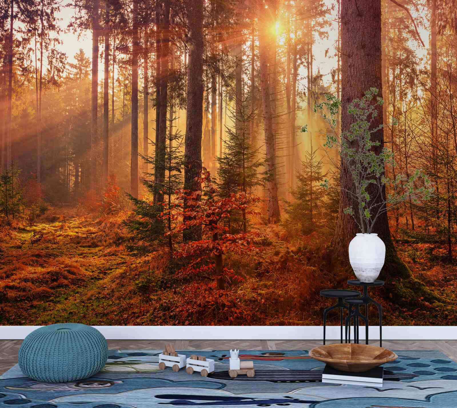 Papier peint forêt en automne illuminée par les rayons du soleil