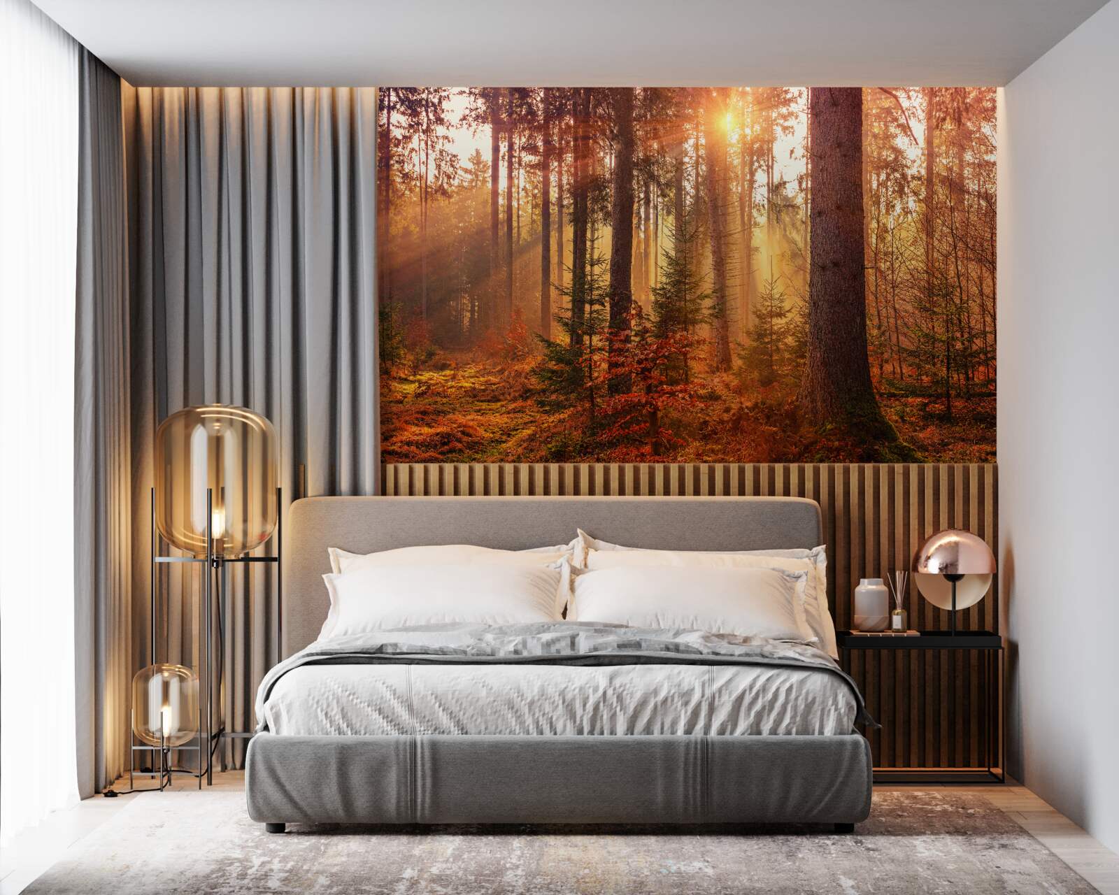 Papier peint forêt en automne illuminée par les rayons du soleil