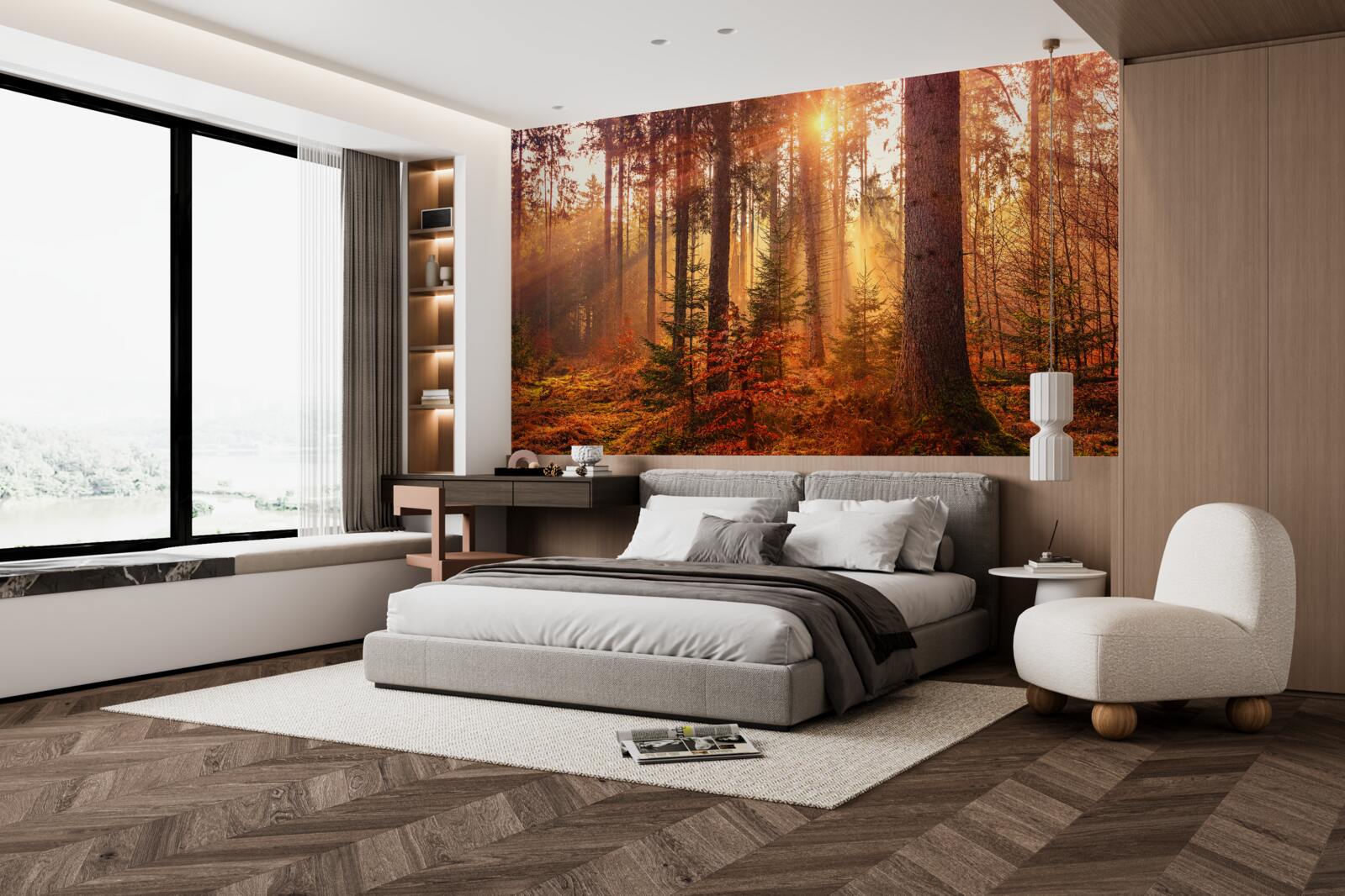 Papier peint forêt en automne illuminée par les rayons du soleil