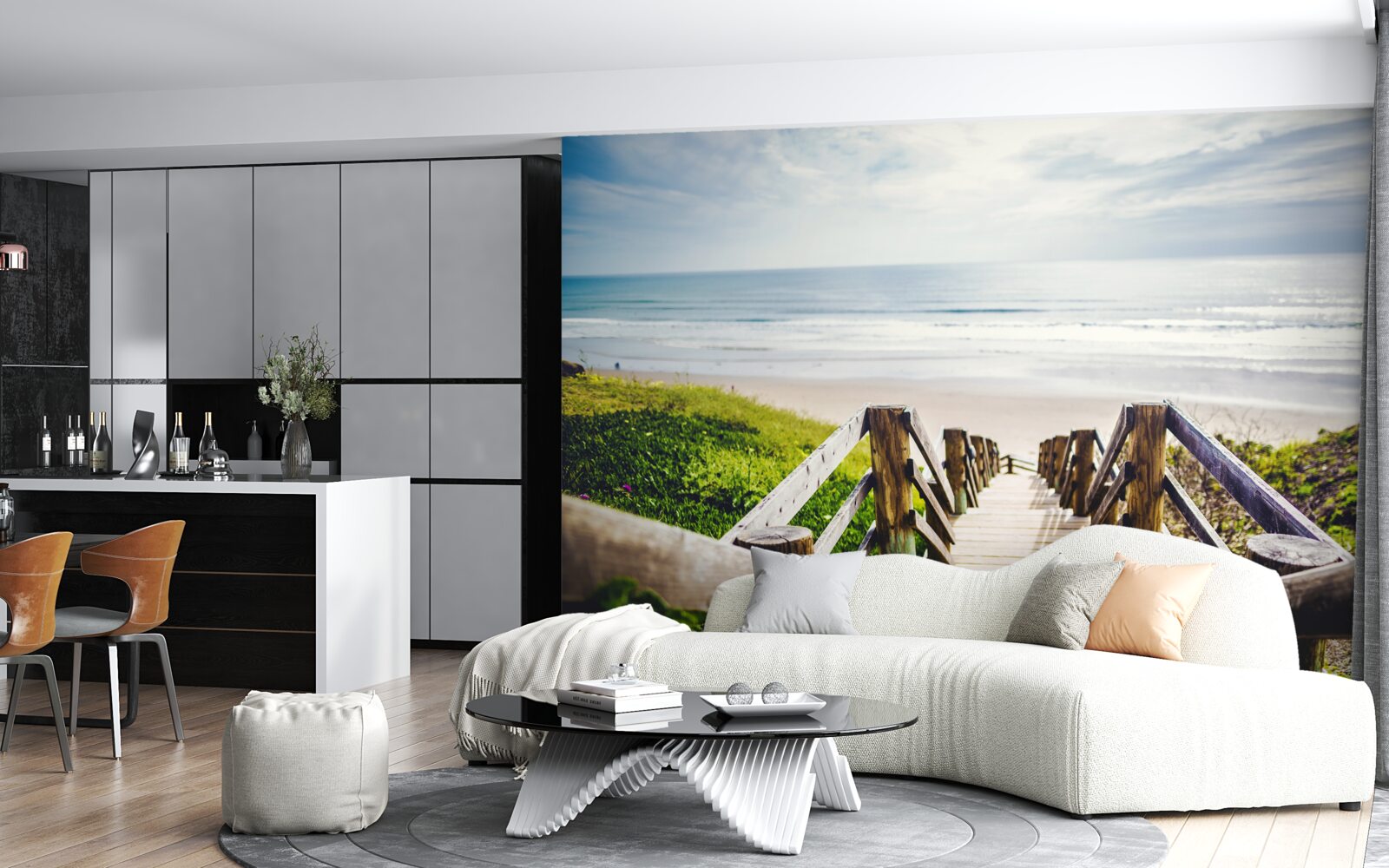 Papier peint escalier descendant vers l'eau