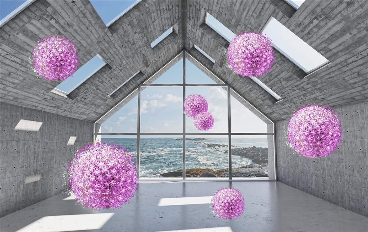 Papier peint des boules violettes et un paysage pittoresque à l'extérieur de la fenêtre