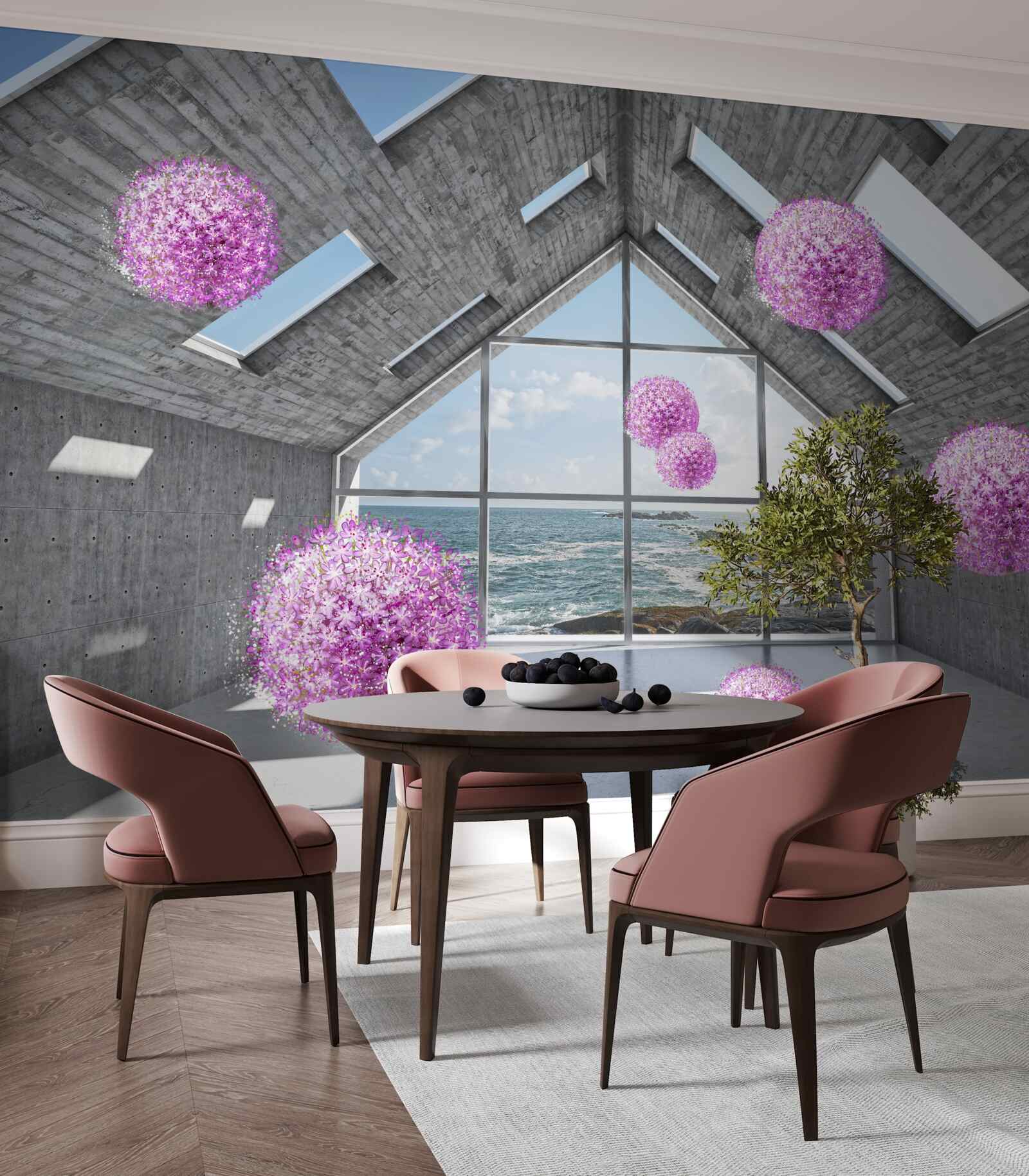 Papier peint des boules violettes et un paysage pittoresque à l'extérieur de la fenêtre