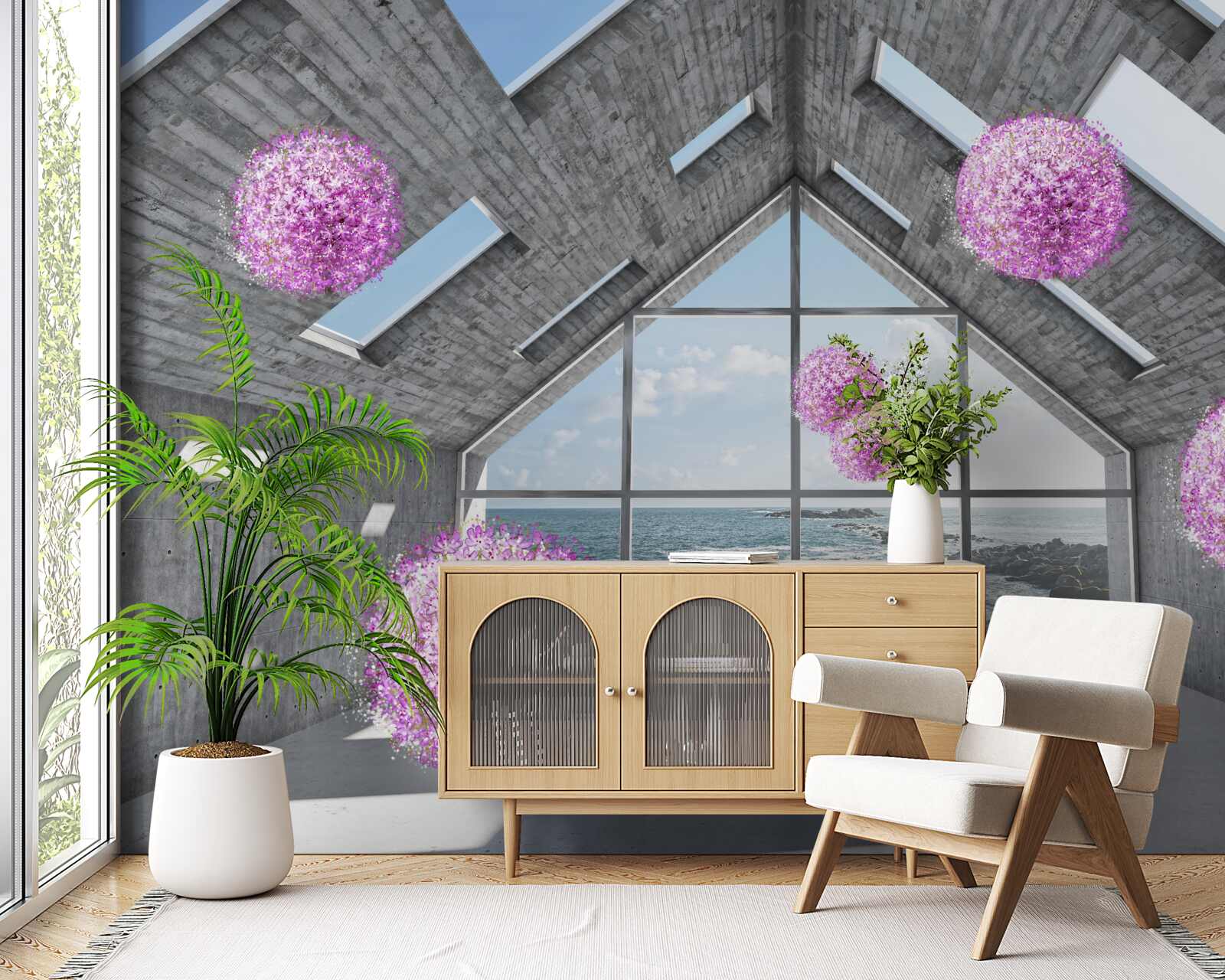 Papier peint des boules violettes et un paysage pittoresque à l'extérieur de la fenêtre