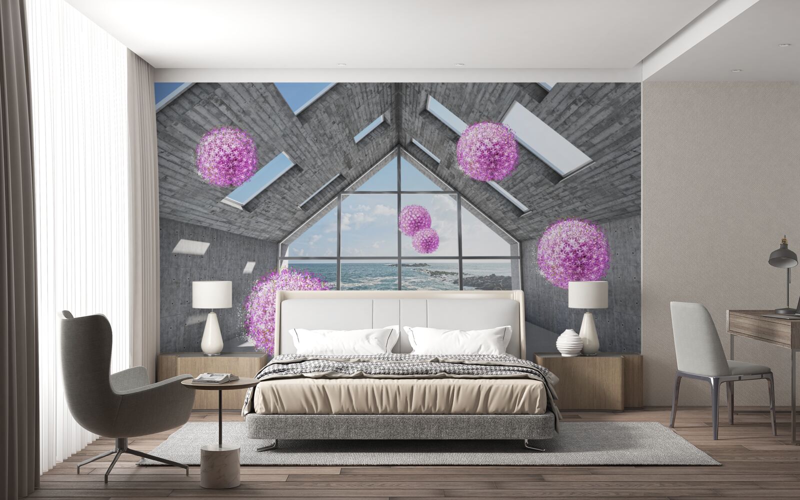 Papier peint des boules violettes et un paysage pittoresque à l'extérieur de la fenêtre