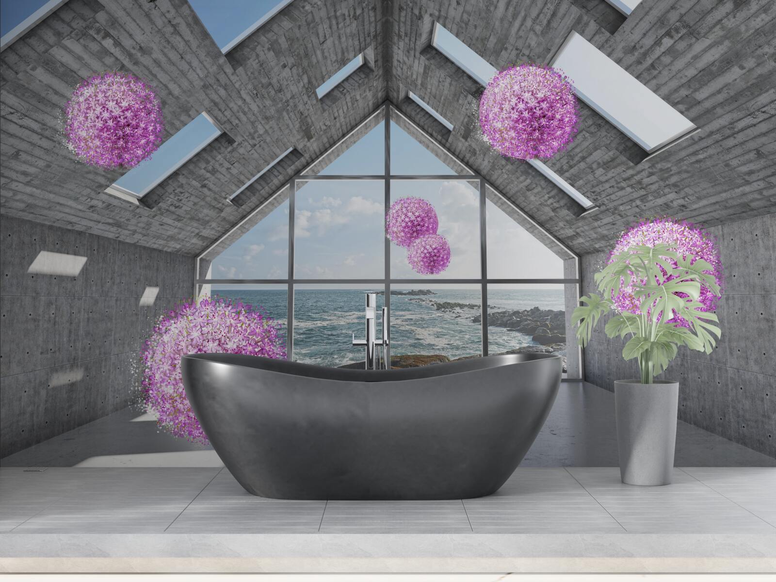 Papier peint des boules violettes et un paysage pittoresque à l'extérieur de la fenêtre