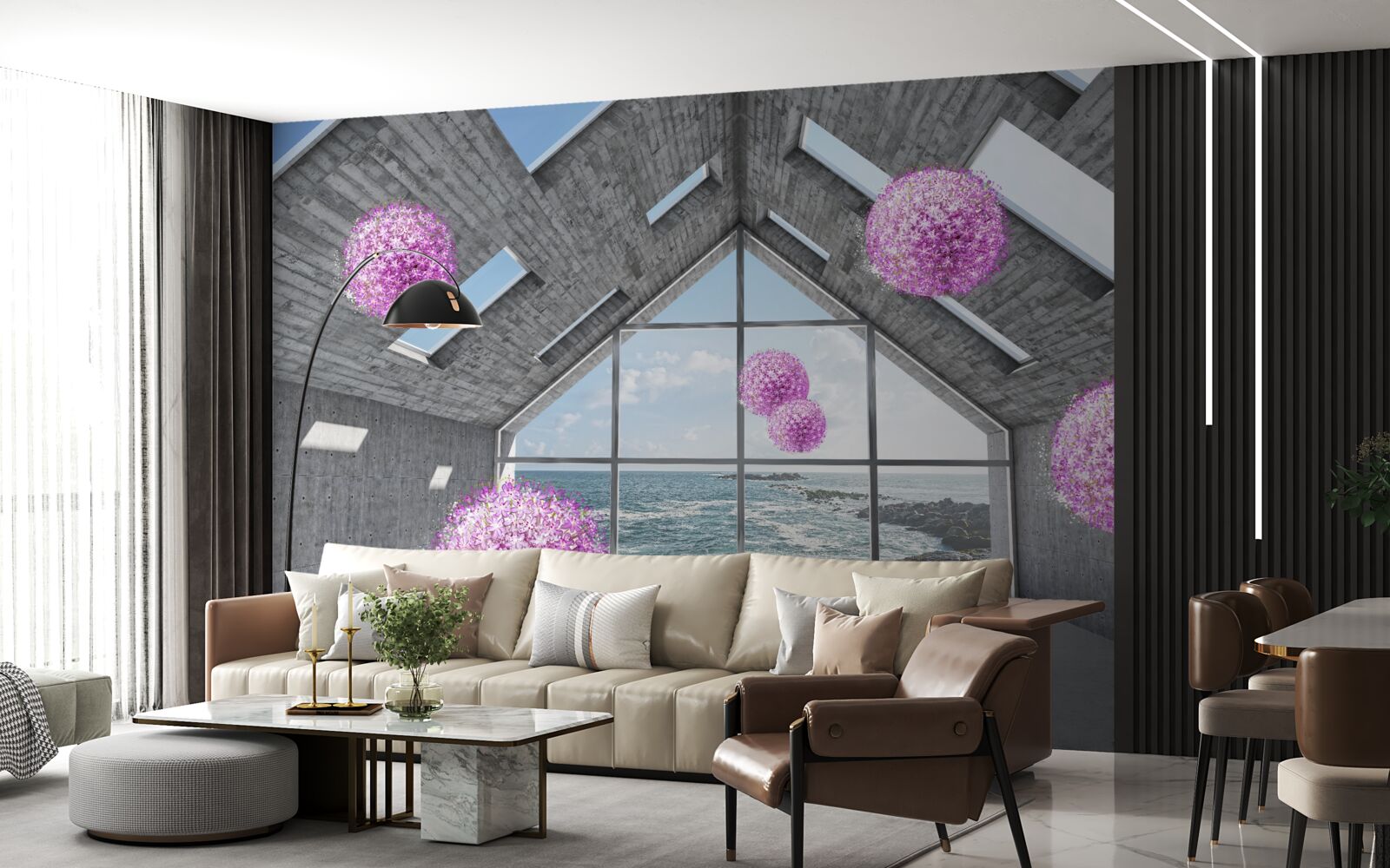 Papier peint des boules violettes et un paysage pittoresque à l'extérieur de la fenêtre