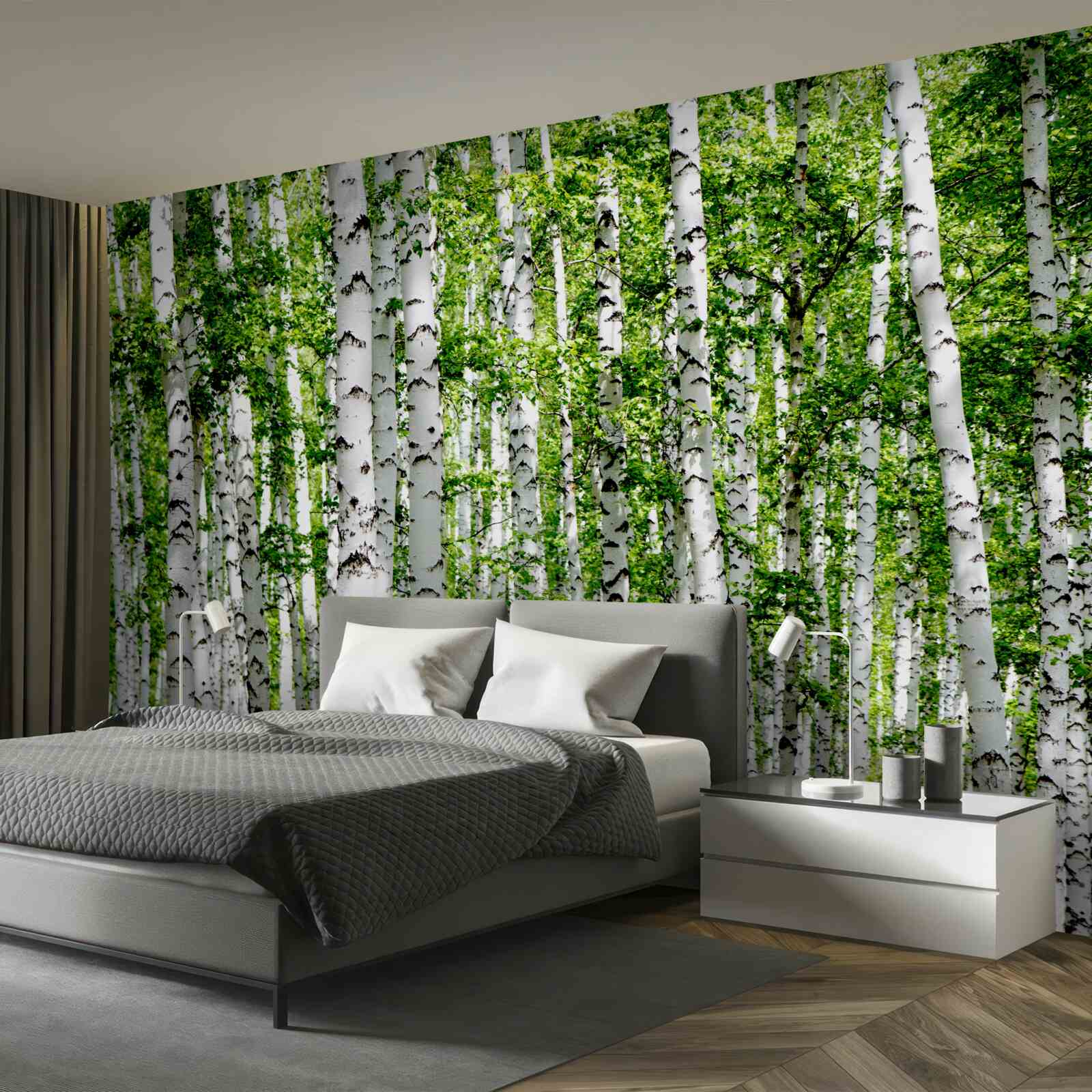 Papier peint des bouleaux gracieux aux feuilles vertes