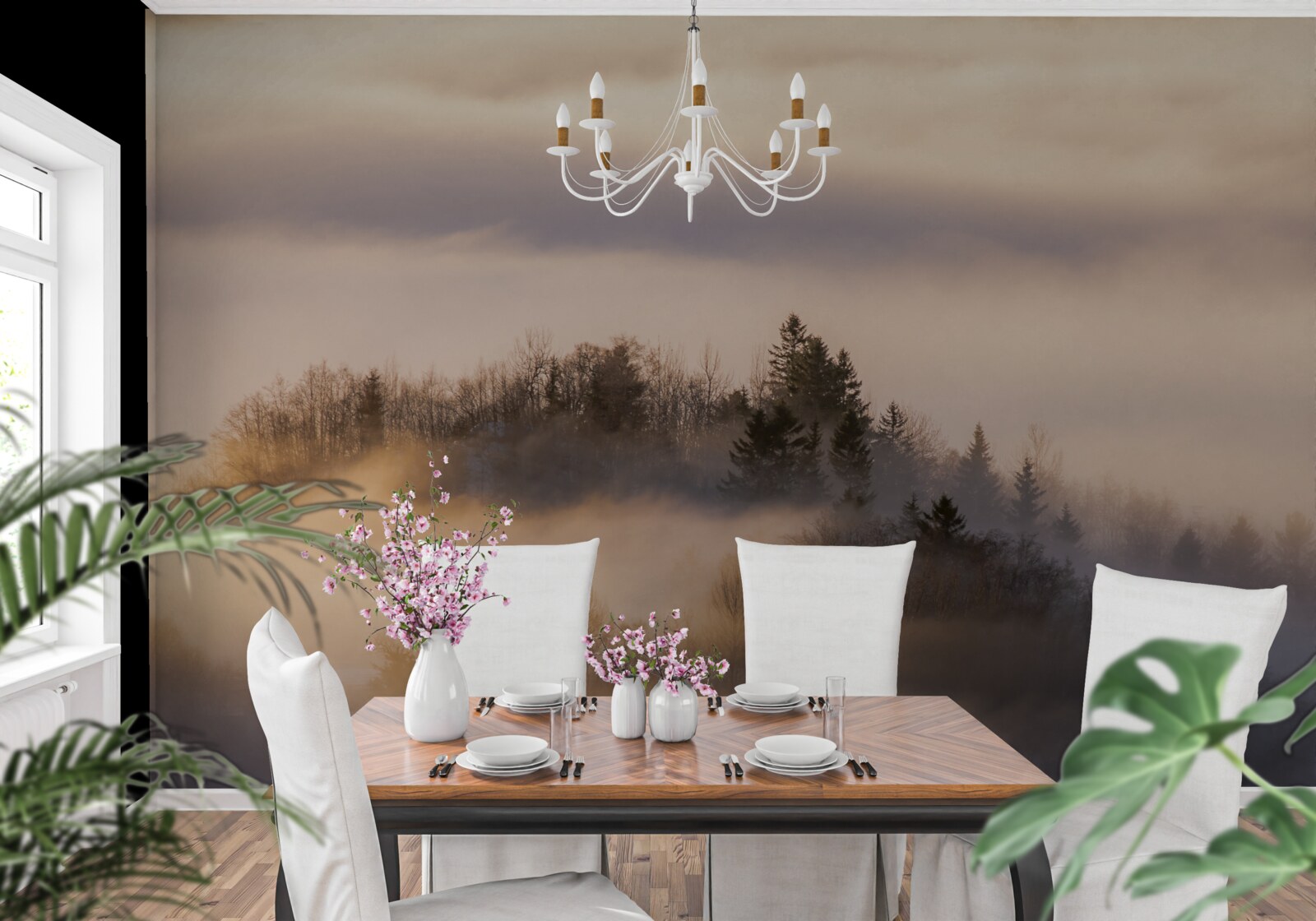 Papier peint brouillard dense entre les arbres