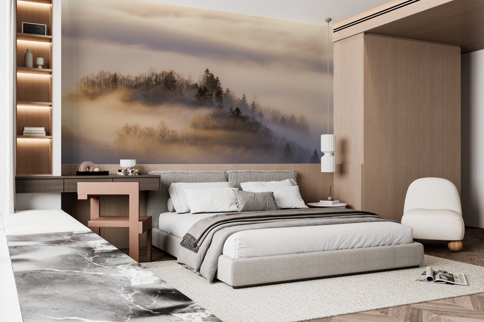 Papier peint brouillard dense entre les arbres