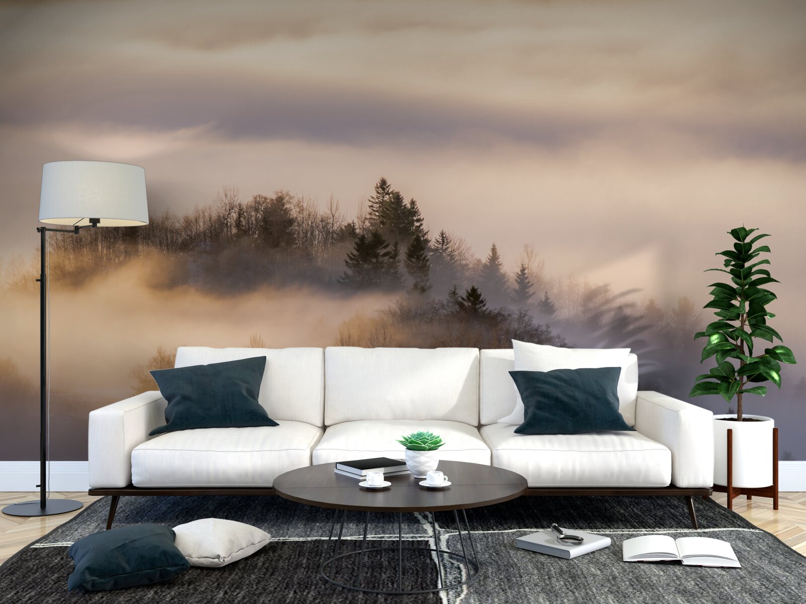 Papier peint brouillard dense entre les arbres