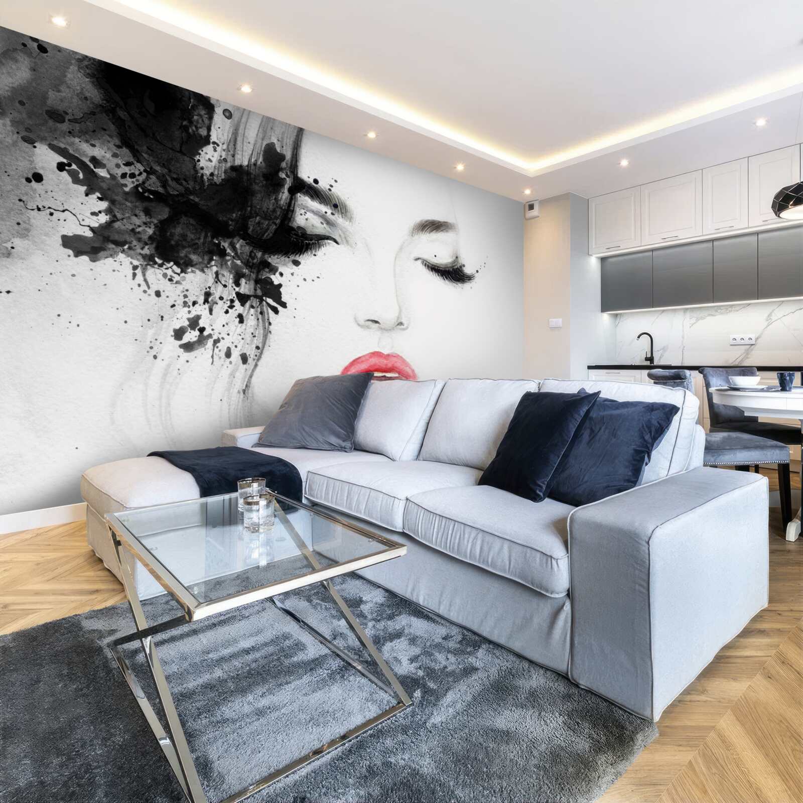 Papier peint image d'une jeune fille aux yeux fermés et aux lèvres rouge vif