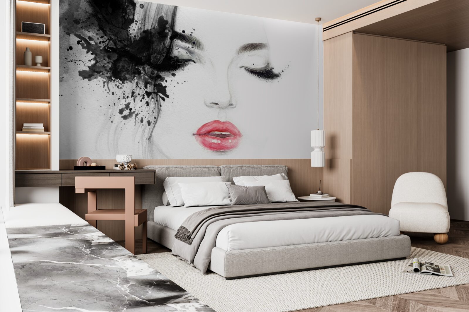 Papier peint image d'une jeune fille aux yeux fermés et aux lèvres rouge vif