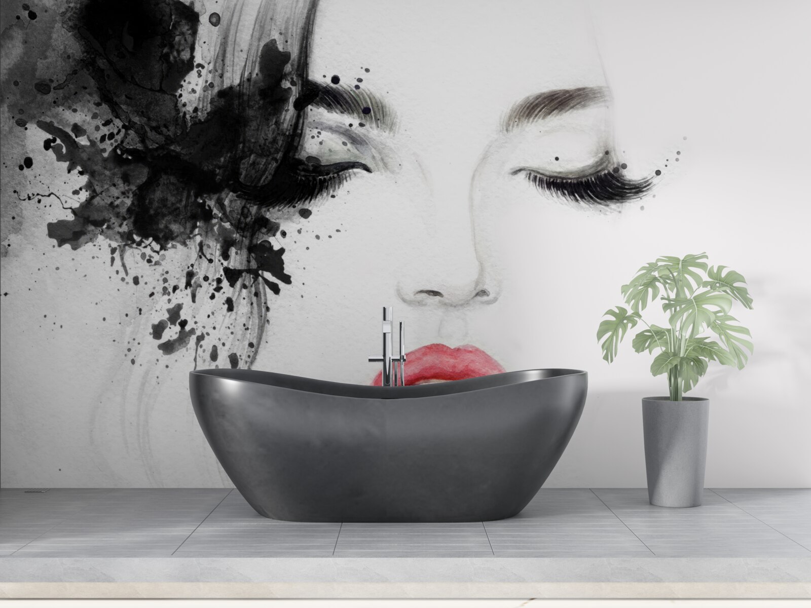 Papier peint image d'une jeune fille aux yeux fermés et aux lèvres rouge vif