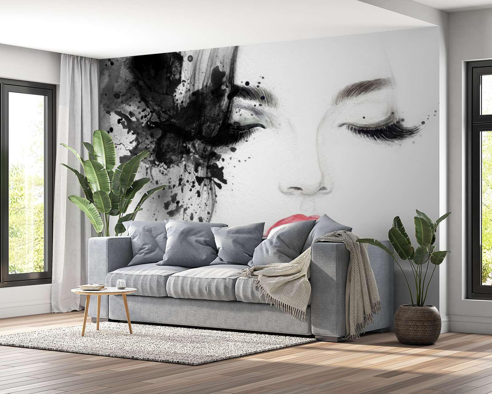 Papier peint image d'une jeune fille aux yeux fermés et aux lèvres rouge vif