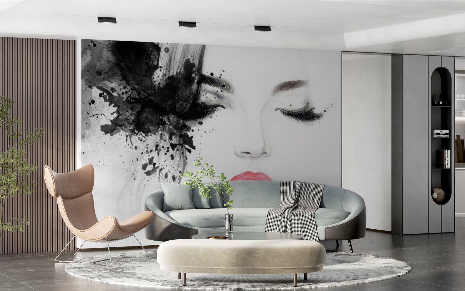 Papier peint image d'une jeune fille aux yeux fermés et aux lèvres rouge vif