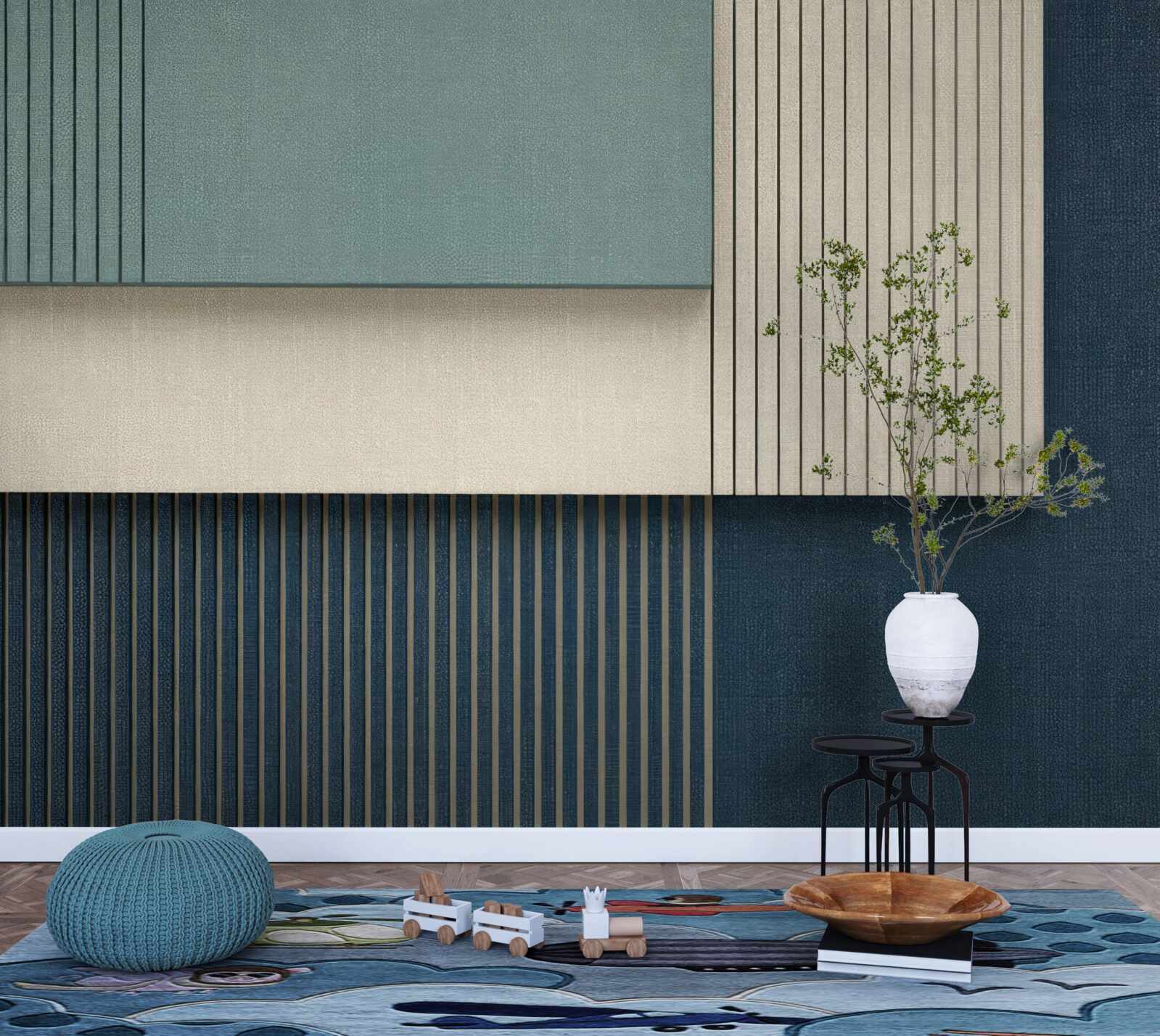 Papier peint fond bleu, beige et vert