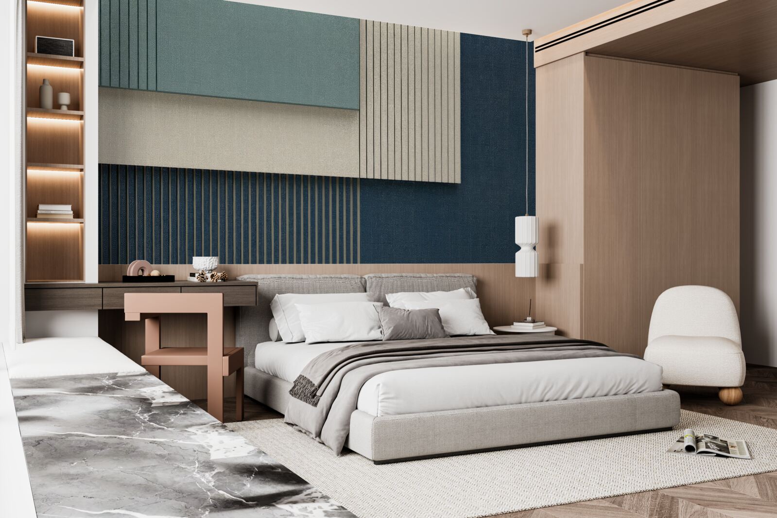 Papier peint fond bleu, beige et vert