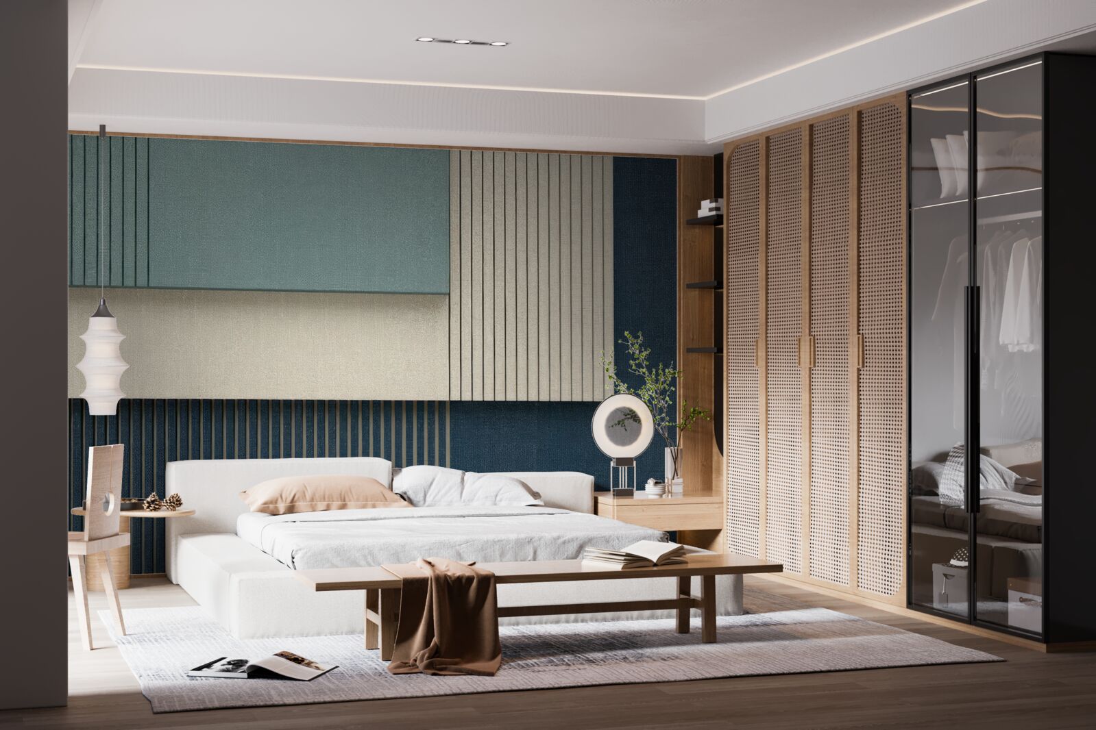 Papier peint fond bleu, beige et vert