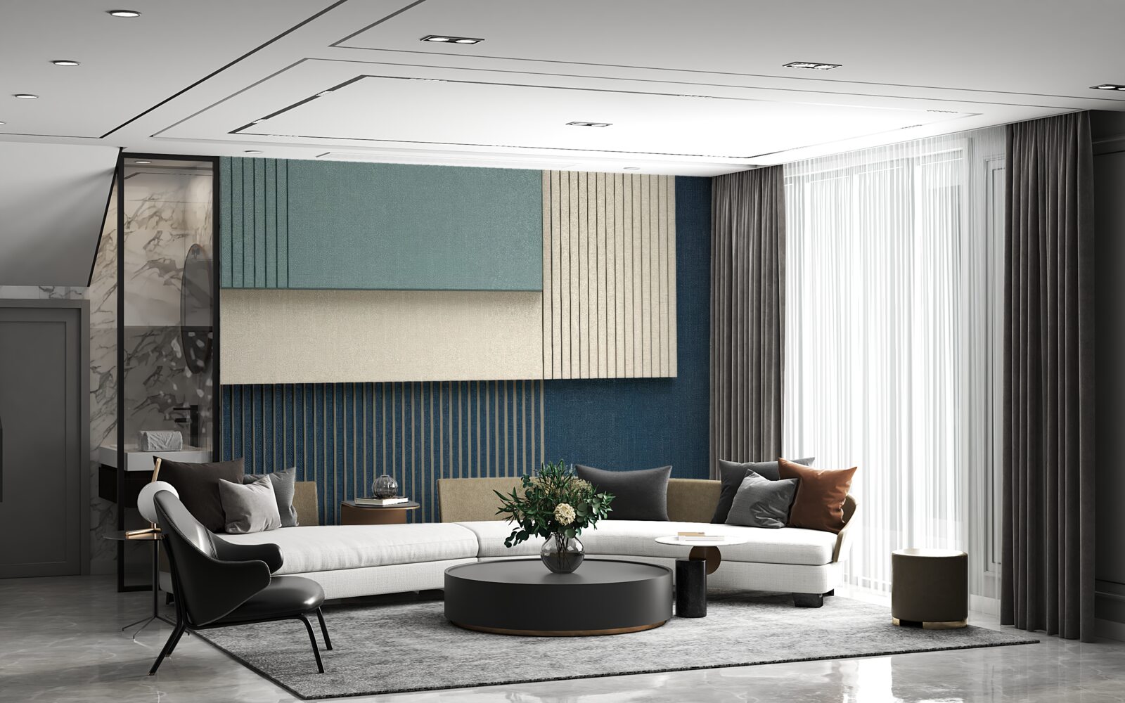 Papier peint fond bleu, beige et vert