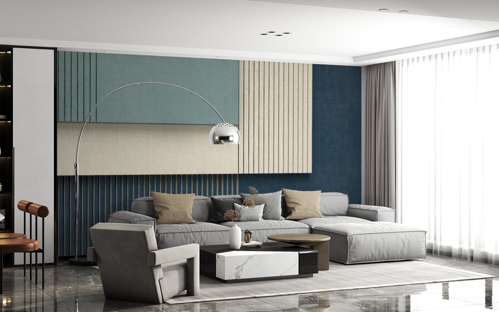 Papier peint fond bleu, beige et vert