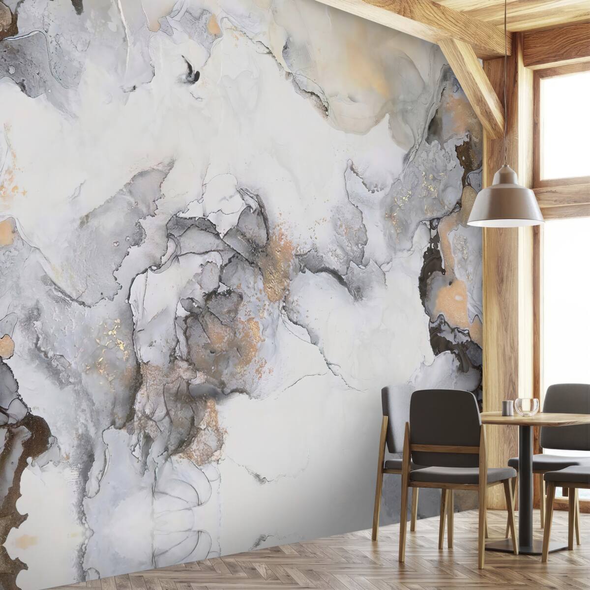 Papier peint abstrait dans les tons blanc, gris et or