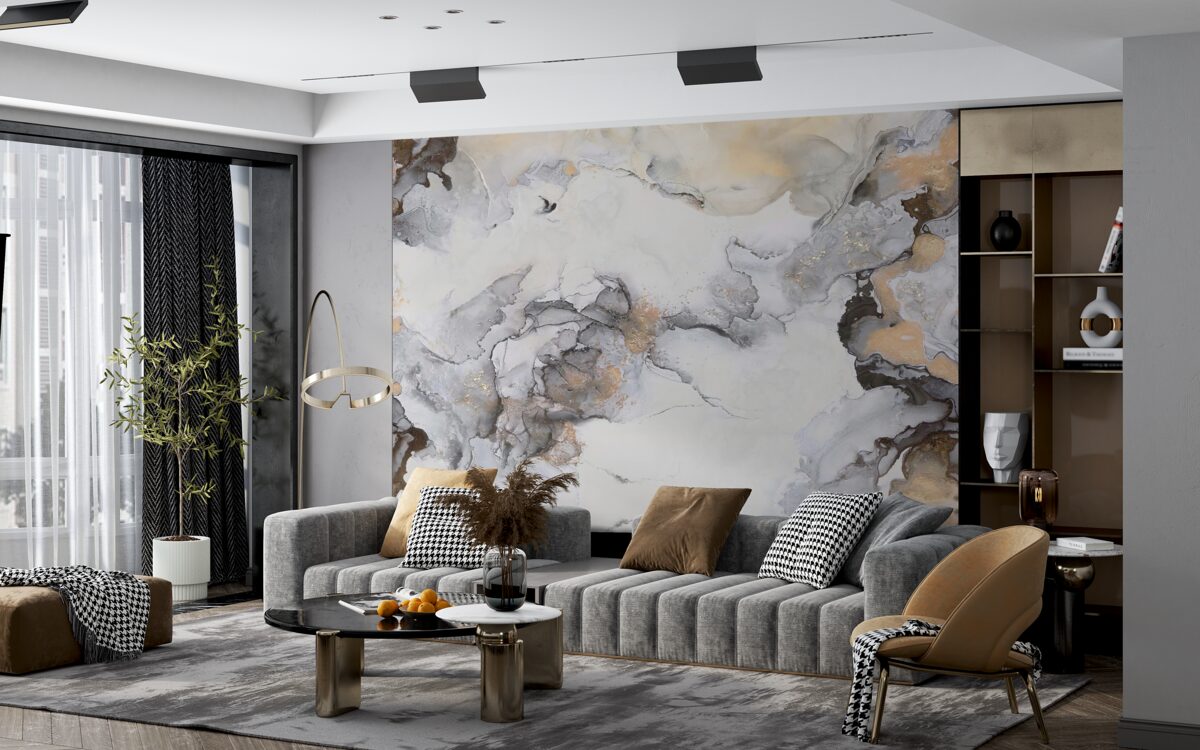 Papier peint abstrait dans les tons blanc, gris et or