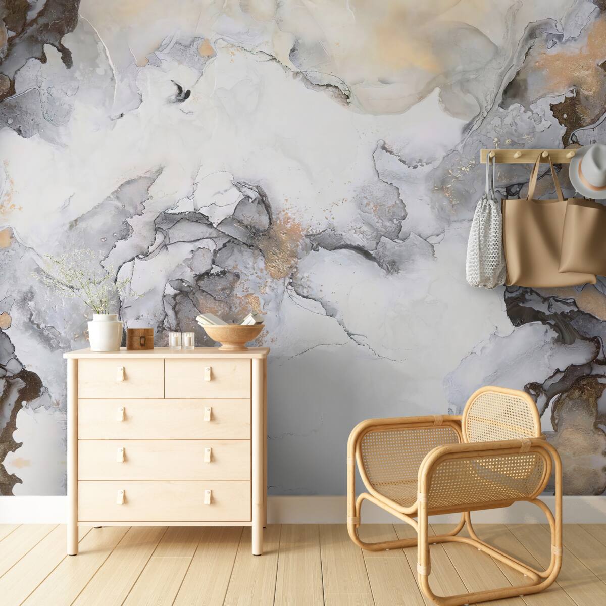 Papier peint abstrait dans les tons blanc, gris et or