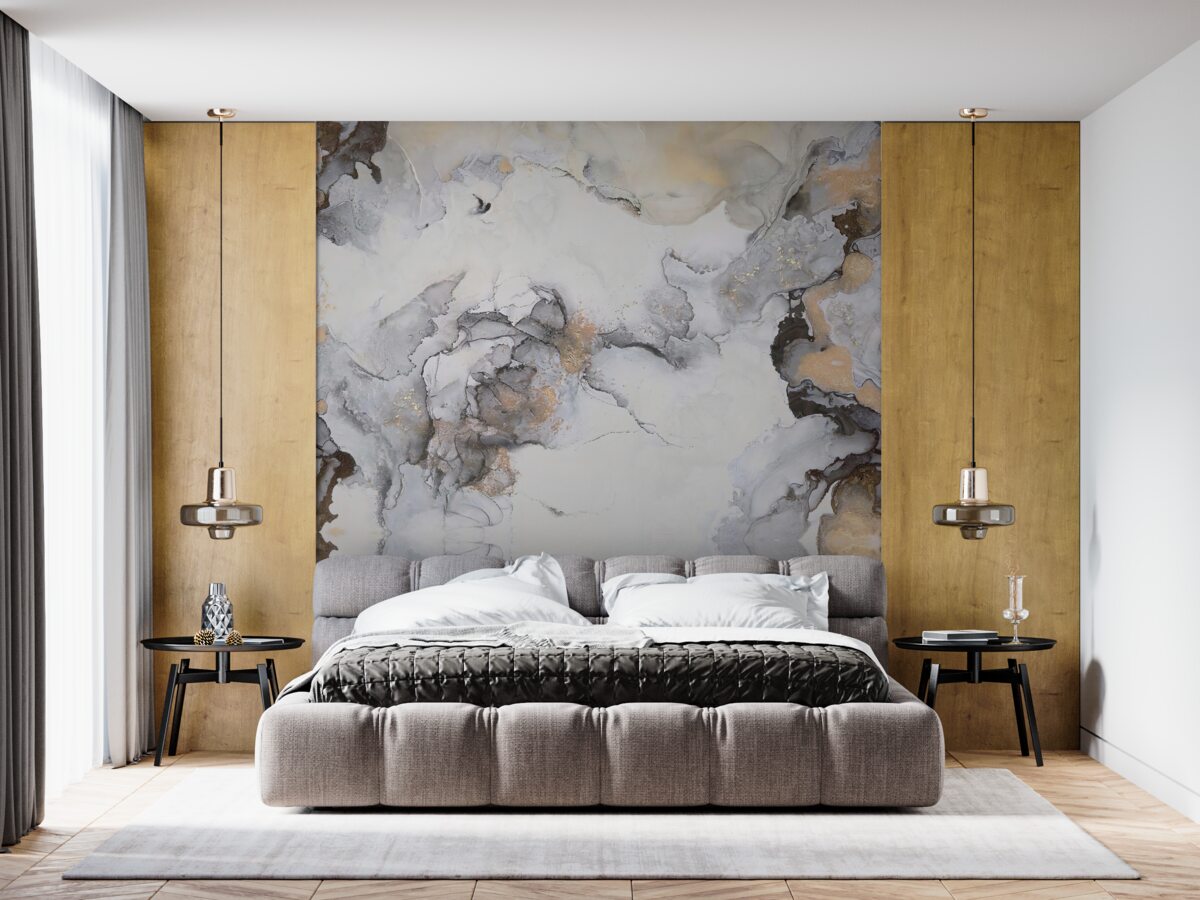 Papier peint abstrait dans les tons blanc, gris et or