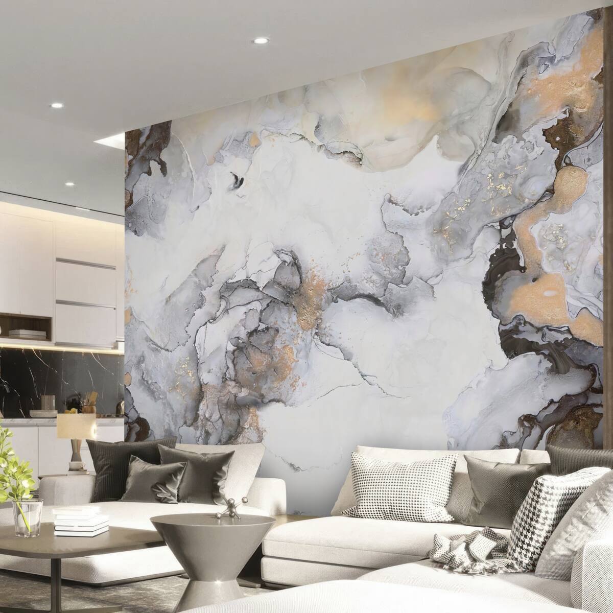 Papier peint abstrait dans les tons blanc, gris et or