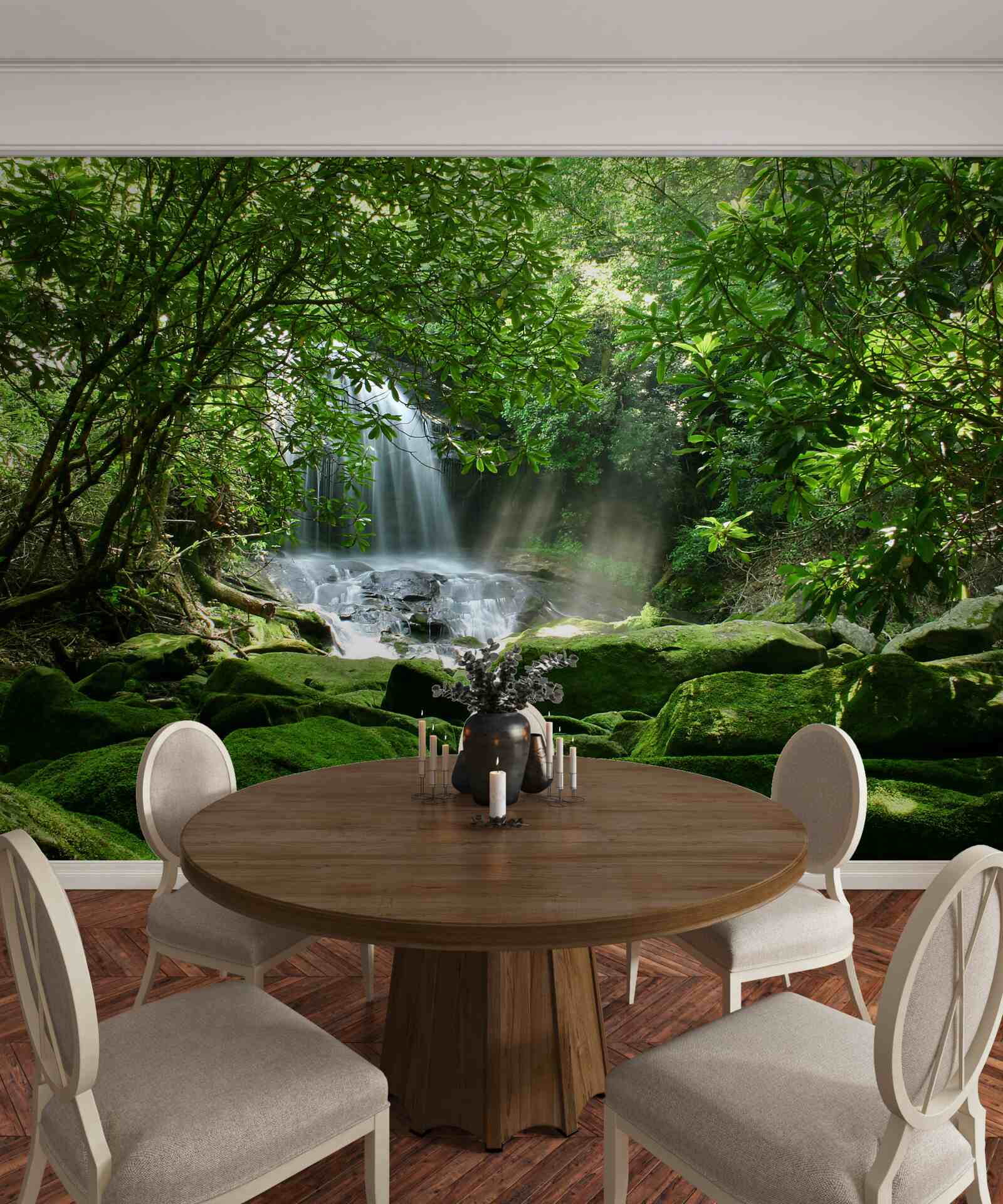 Papier peint cascade entourée de verdure et d'arbres luxuriants