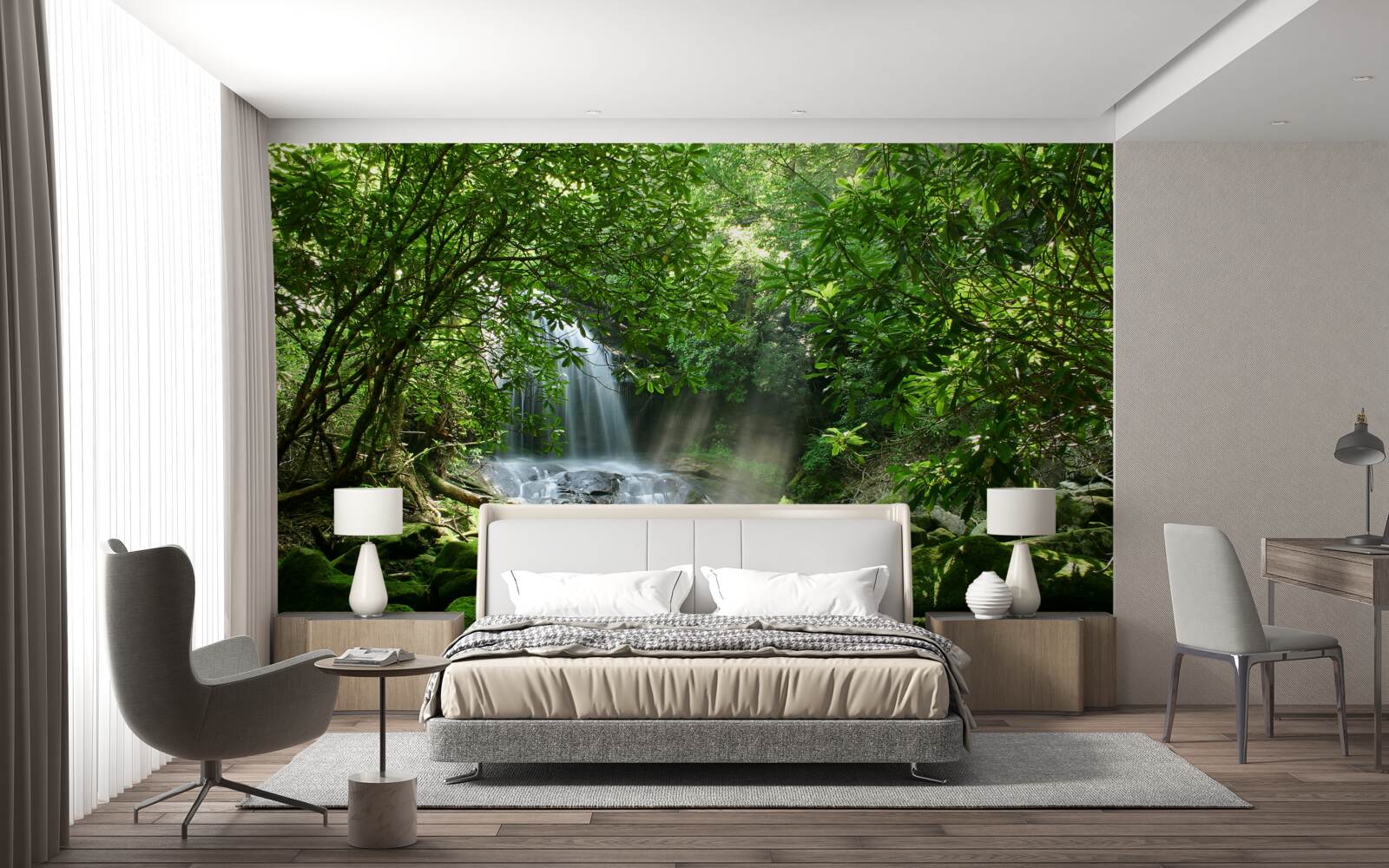 Papier peint cascade entourée de verdure et d'arbres luxuriants