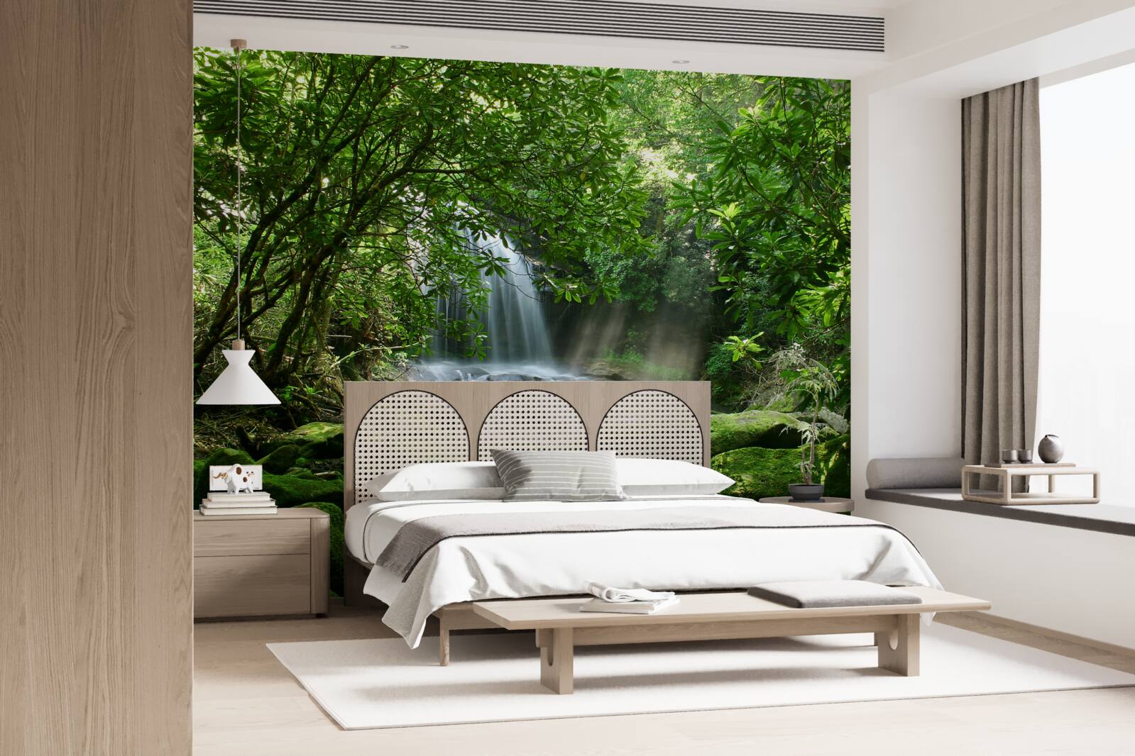 Papier peint cascade entourée de verdure et d'arbres luxuriants