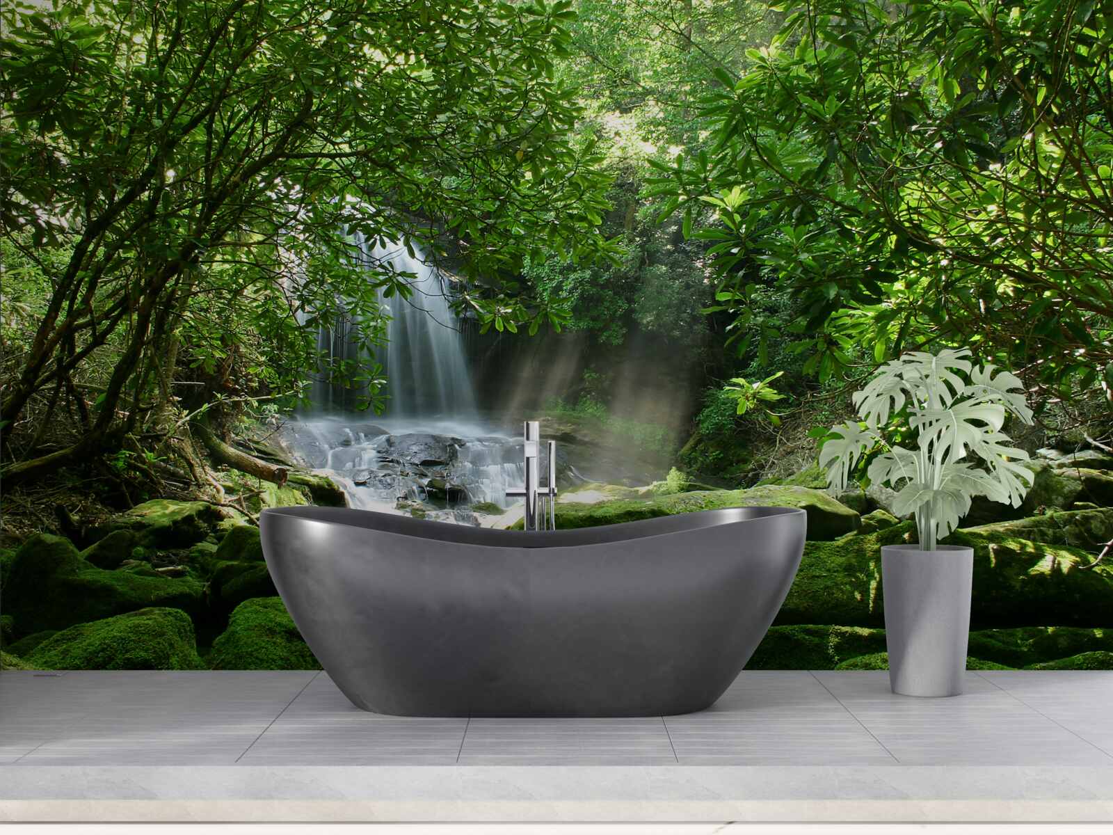Papier peint cascade entourée de verdure et d'arbres luxuriants