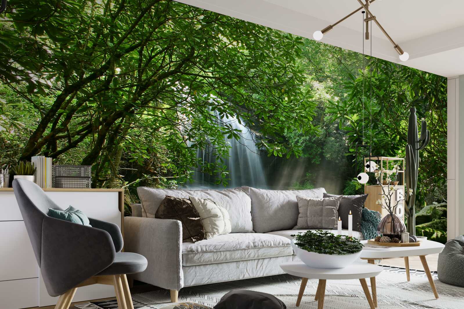 Papier peint cascade entourée de verdure et d'arbres luxuriants