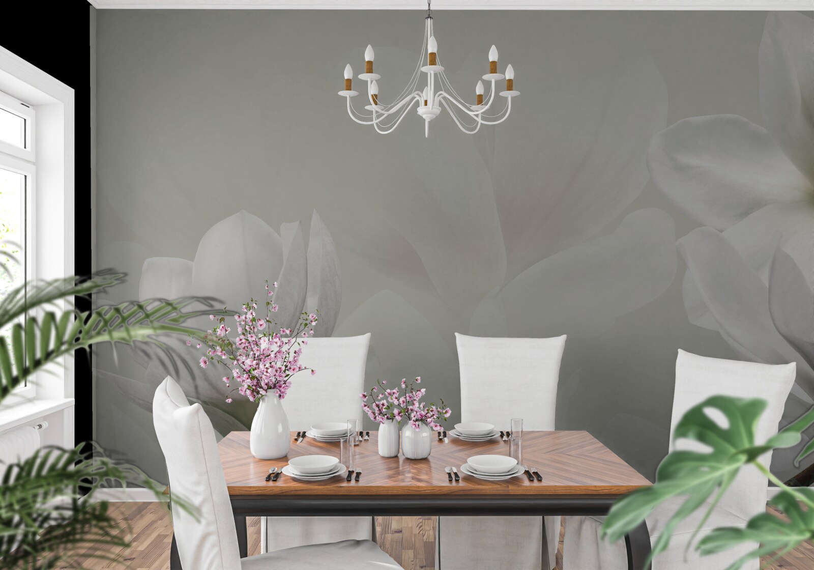 Papier peint grandes fleurs blanches