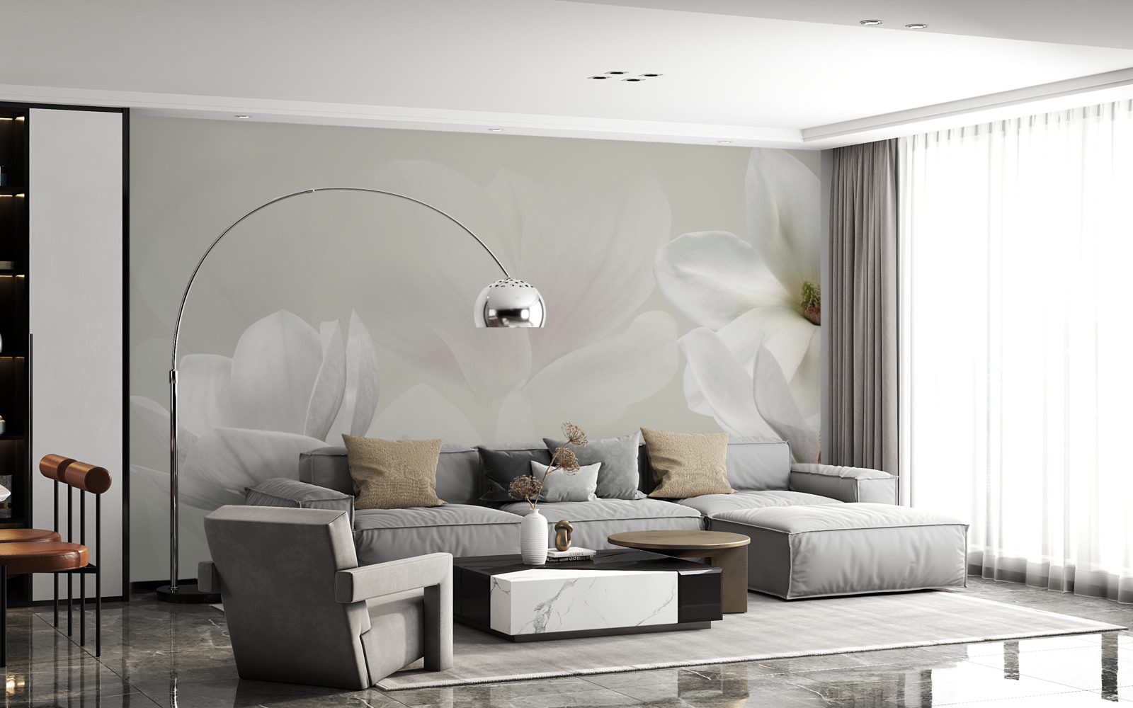 Papier peint grandes fleurs blanches