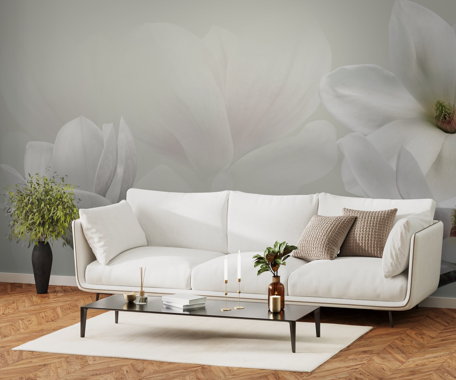 Papier peint grandes fleurs blanches