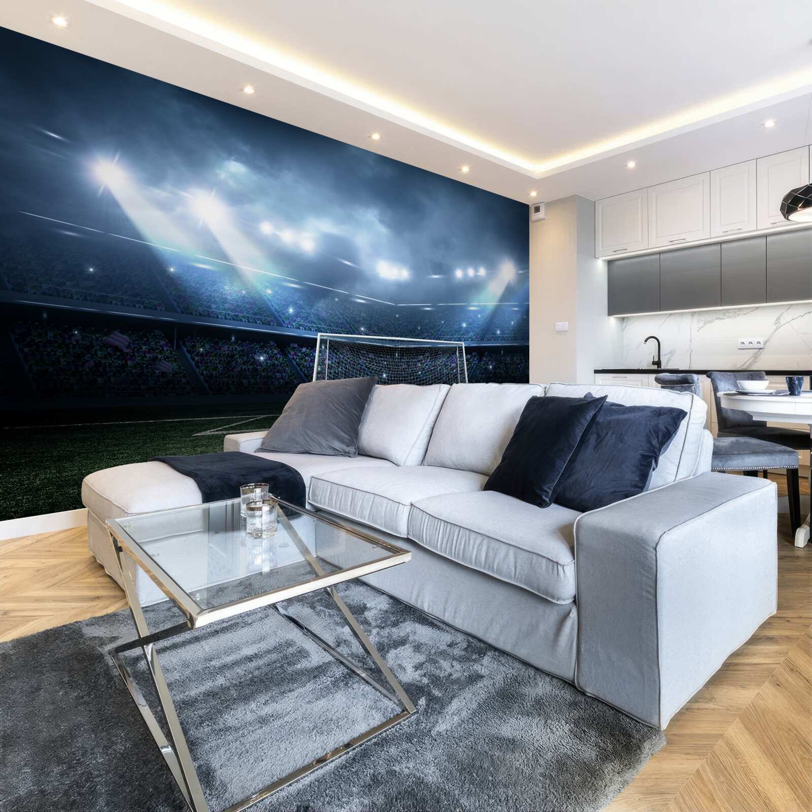 Papier peint terrain de football éclairé par des projecteurs