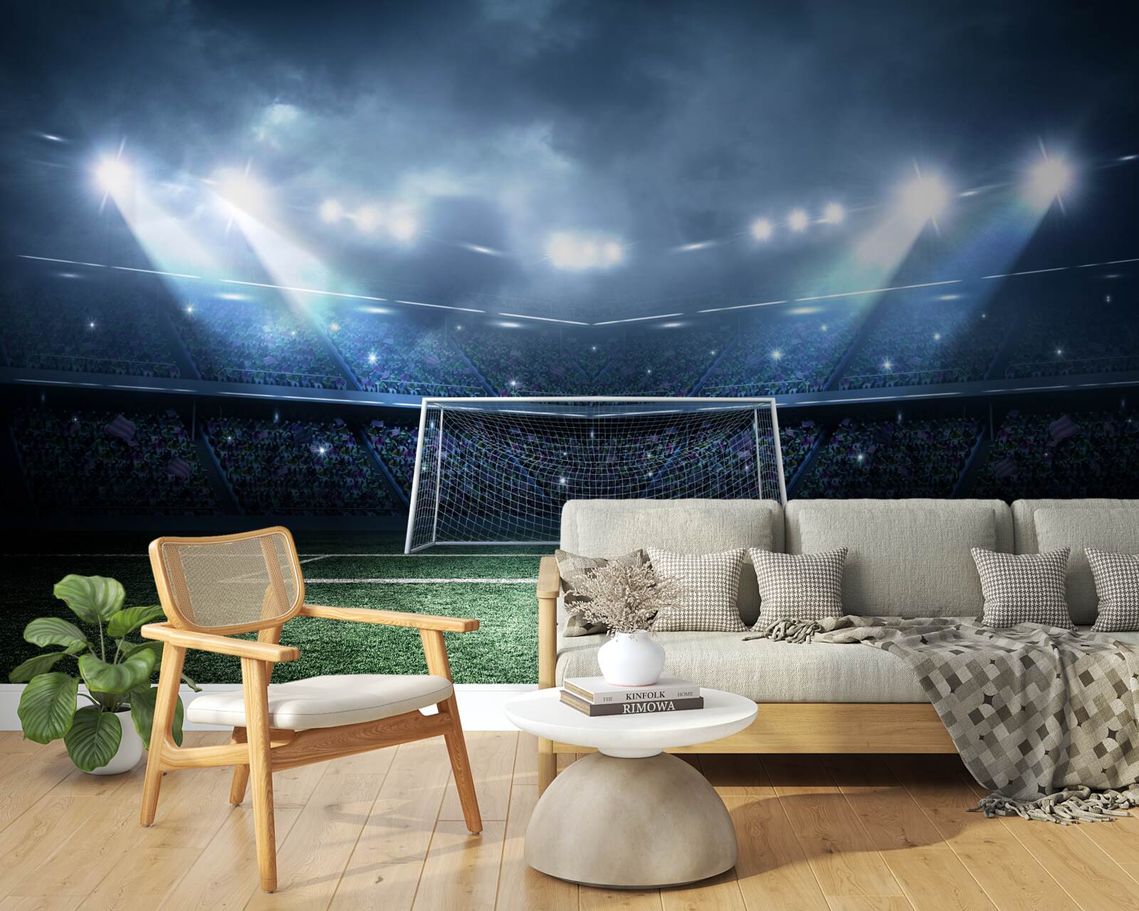 Papier peint terrain de football éclairé par des projecteurs