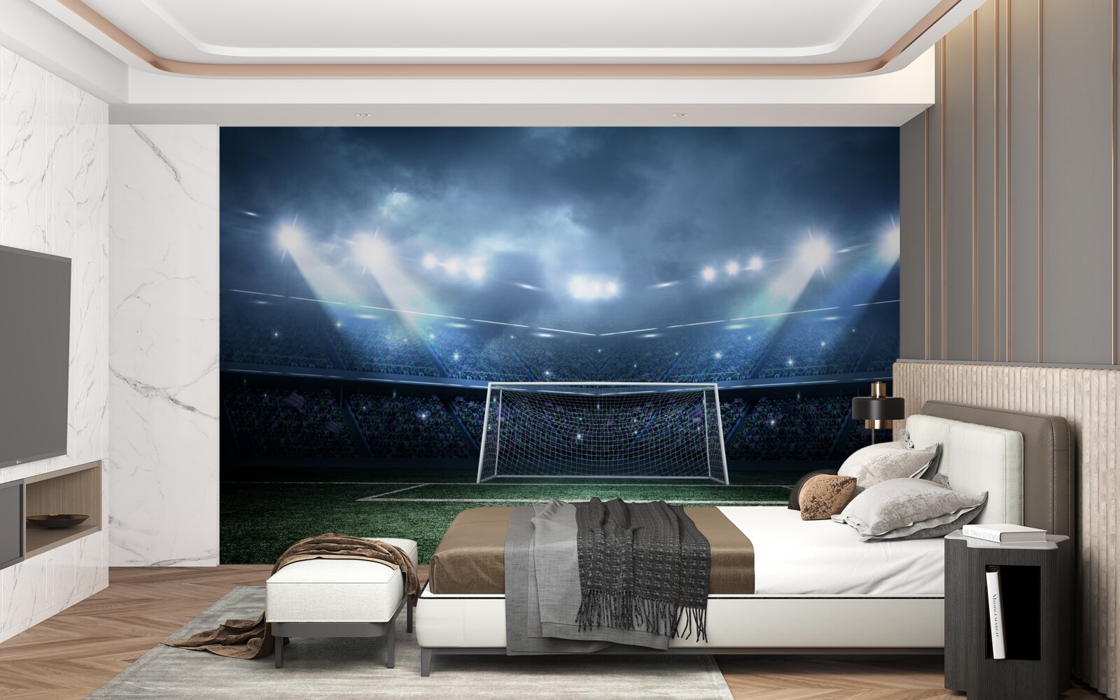 Papier peint terrain de football éclairé par des projecteurs