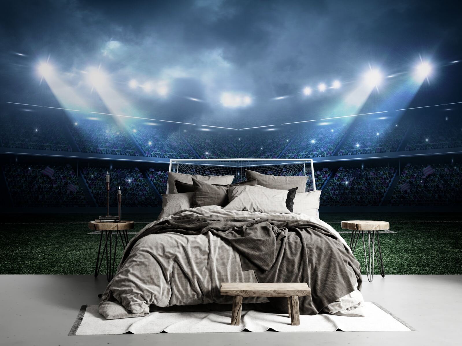 Papier peint terrain de football éclairé par des projecteurs