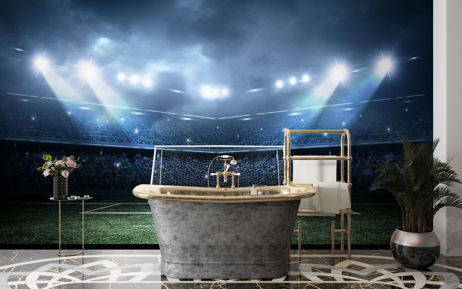 Papier peint terrain de football éclairé par des projecteurs