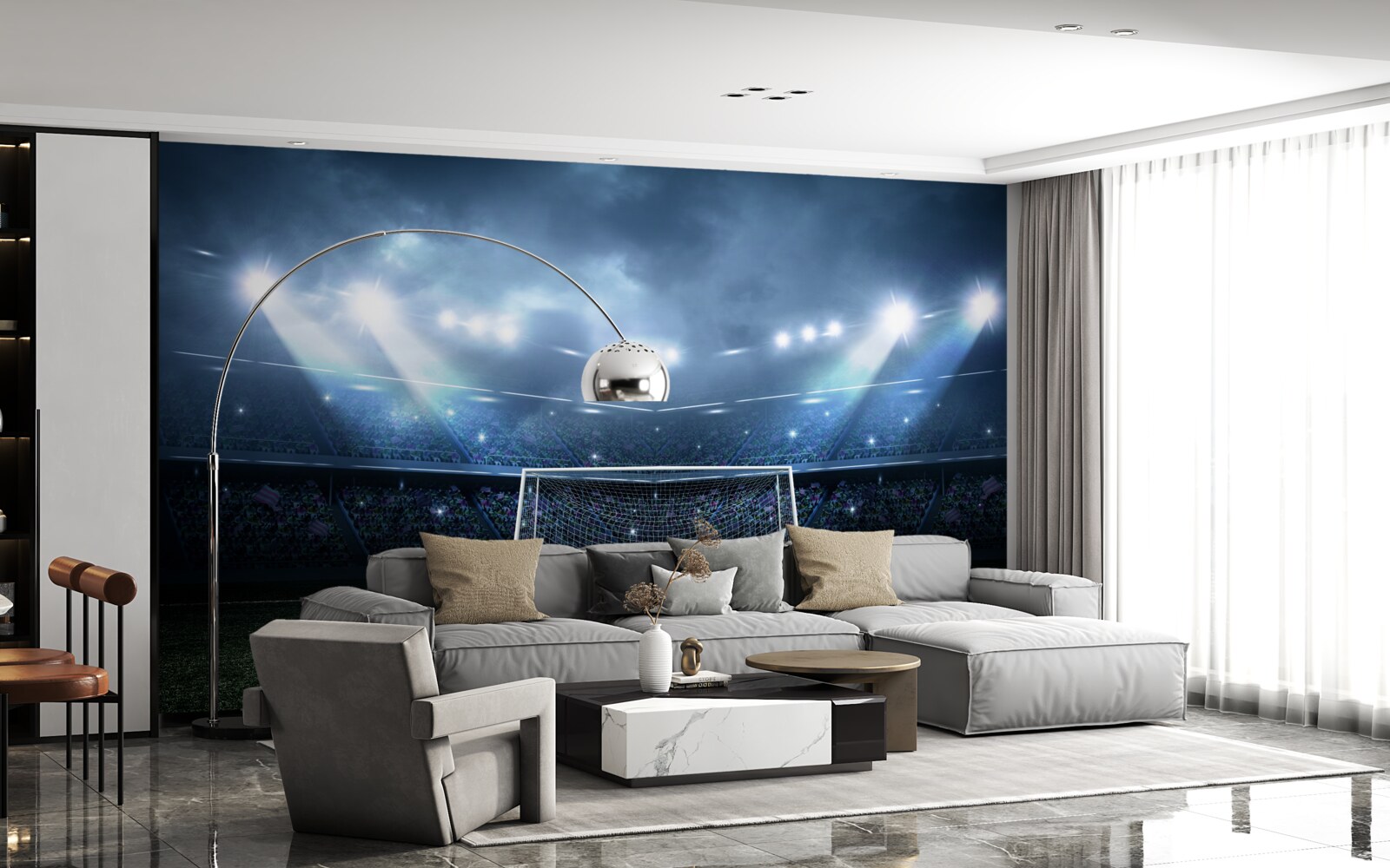 Papier peint terrain de football éclairé par des projecteurs