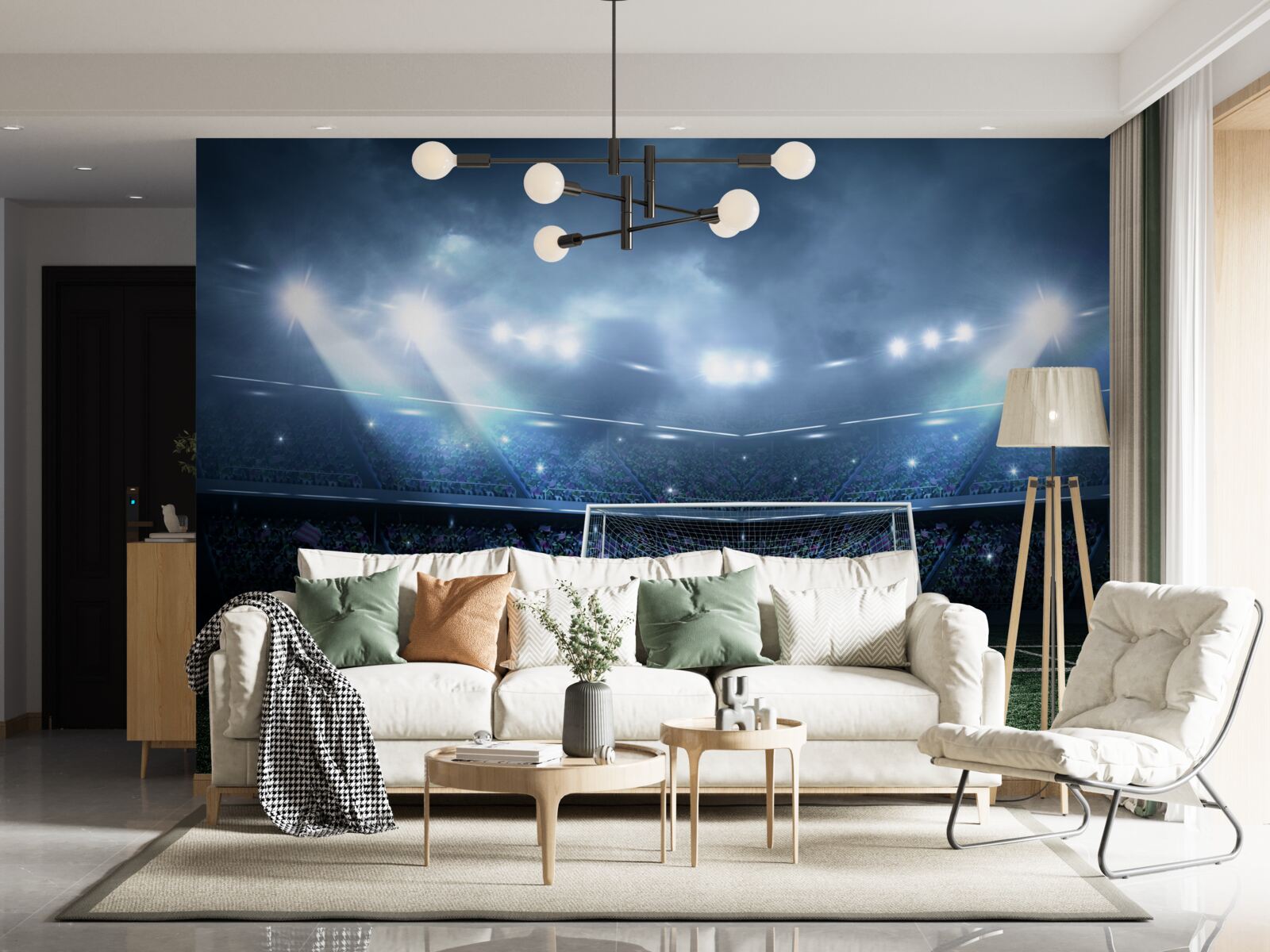 Papier peint terrain de football éclairé par des projecteurs