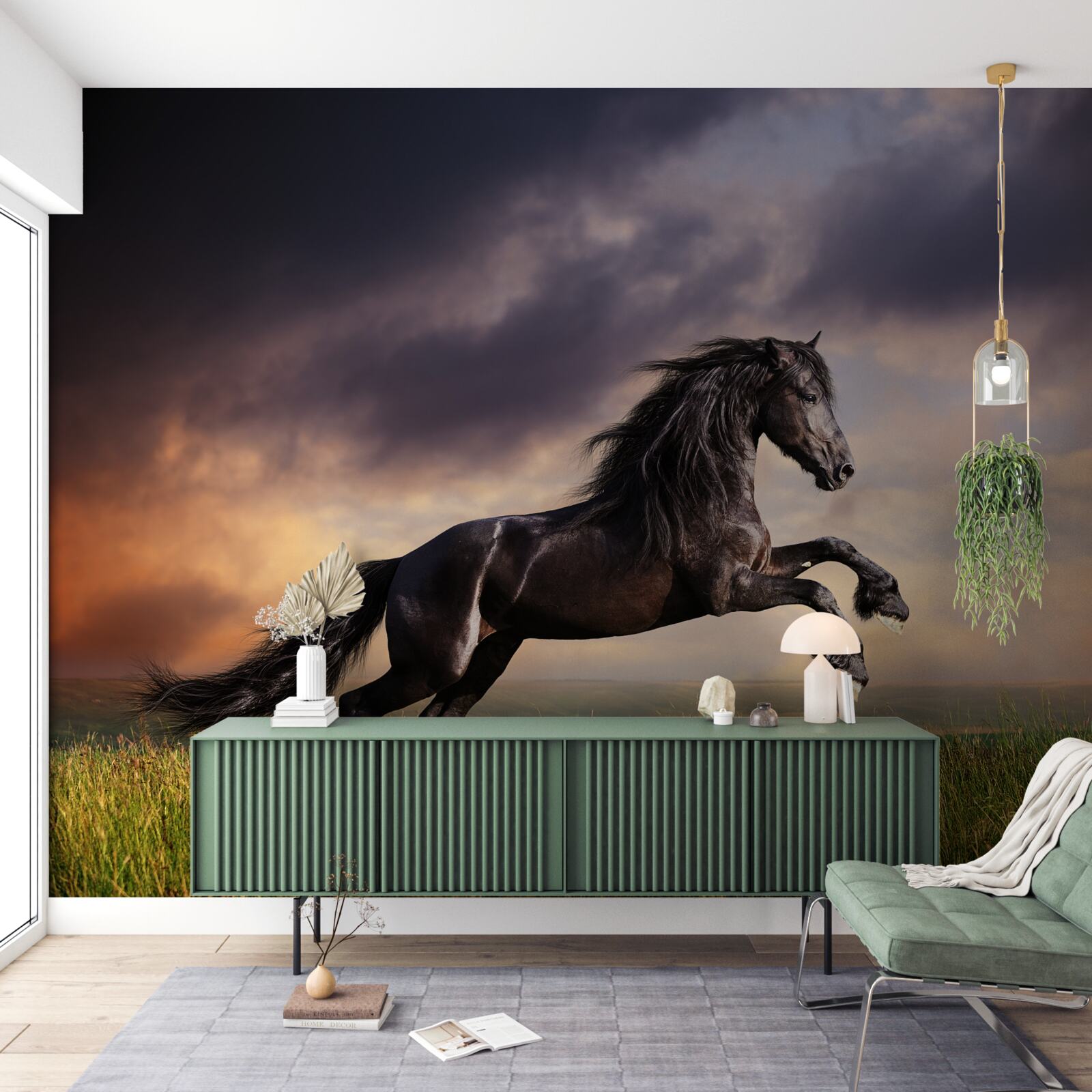 Papier peint un cheval galope dans un ciel sombre