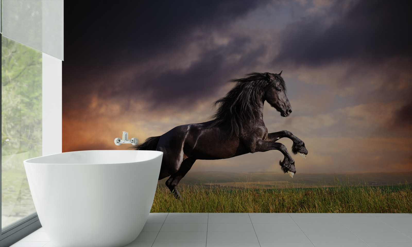 Papier peint un cheval galope dans un ciel sombre